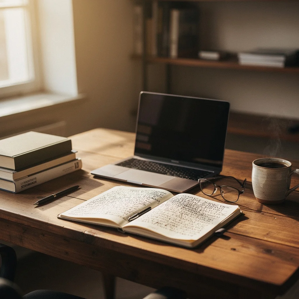 Un espace de travail avec ordinateur, carnet de notes et livres de business