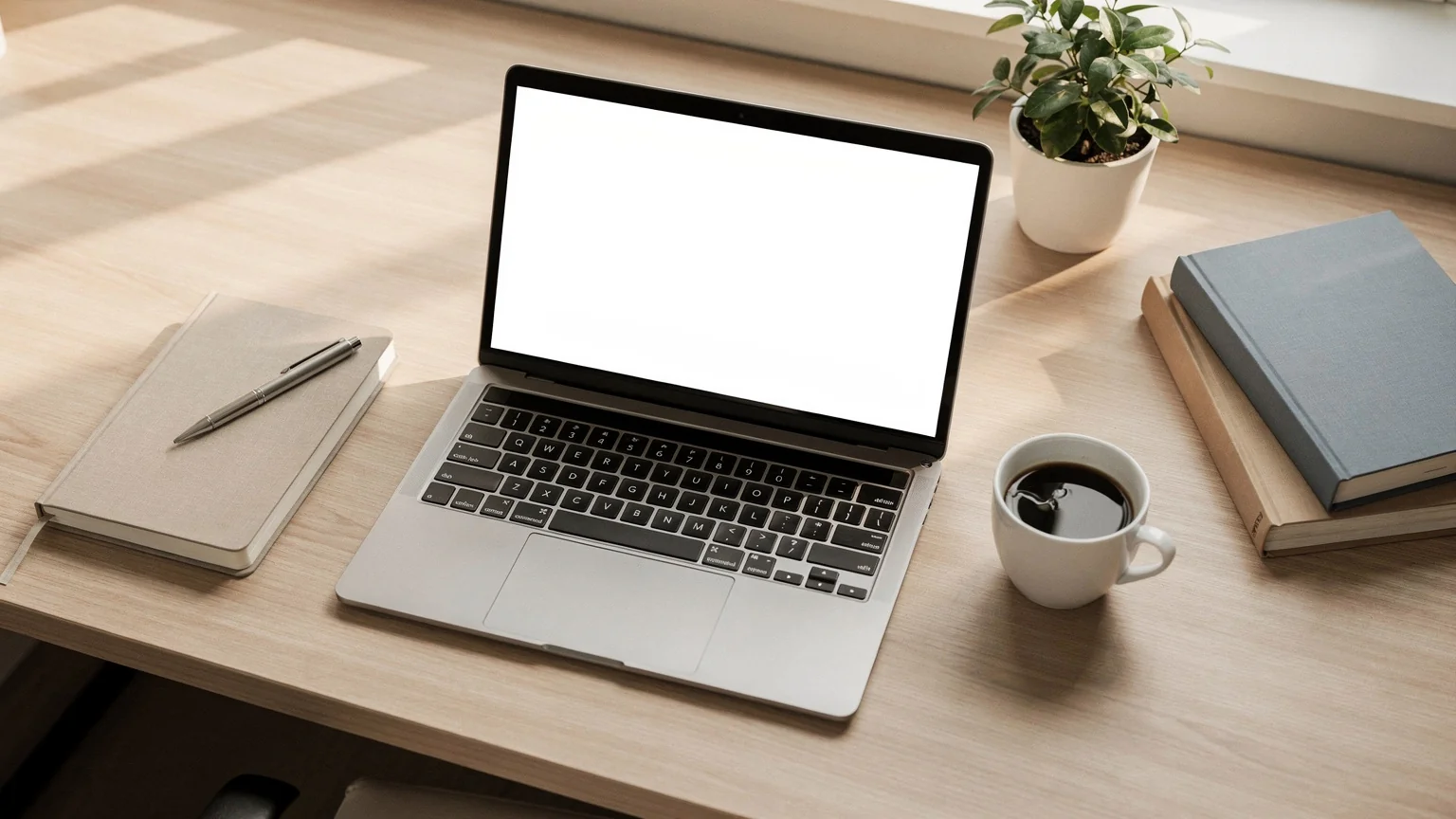 Un bureau avec ordinateur, carnet et quelques livres business