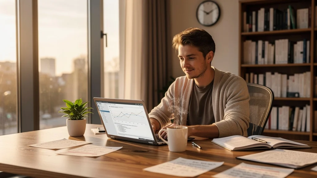 Personne concentrée en deep work dans un bureau lumineux, illustration du pouvoir de la concentration profonde