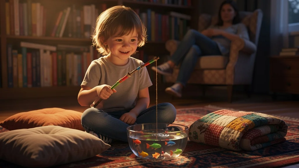 Petit Malin jouant à la pêche dans un salon chaleureux sauvant les soirées lecture en famille