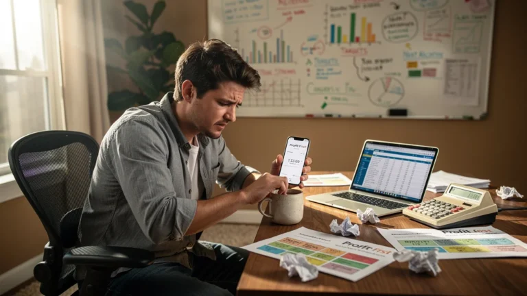 Freelance en bureau moderne frustré par la gestion de trésorerie avec Profit First malgré un chiffre d’affaires stable
