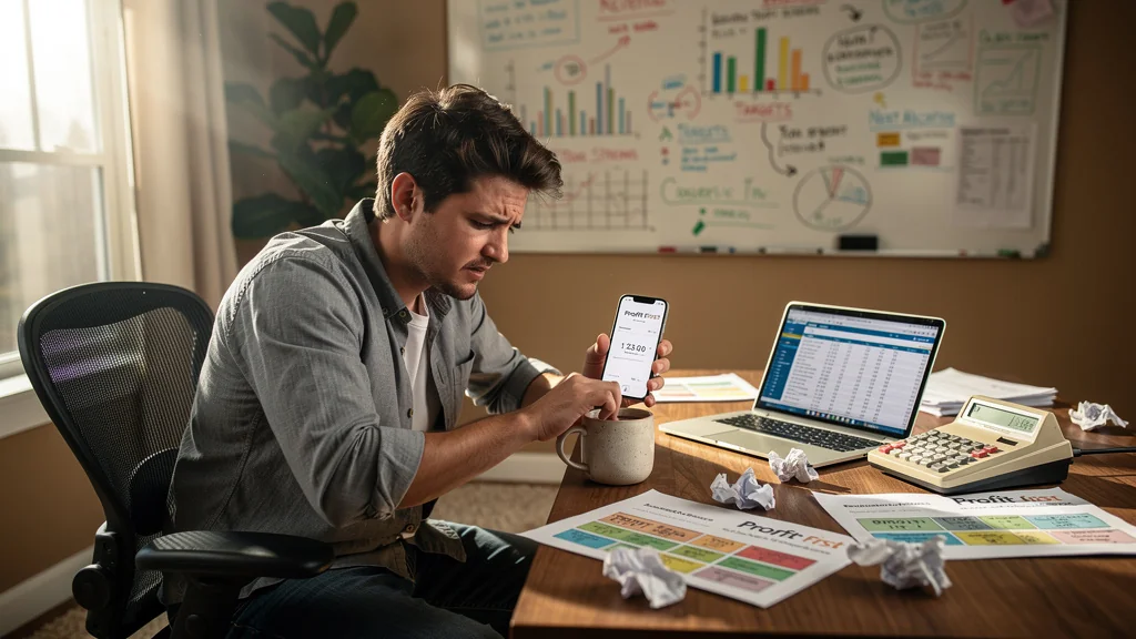 Freelance en bureau moderne frustré par la gestion de trésorerie avec Profit First malgré un chiffre d’affaires stable